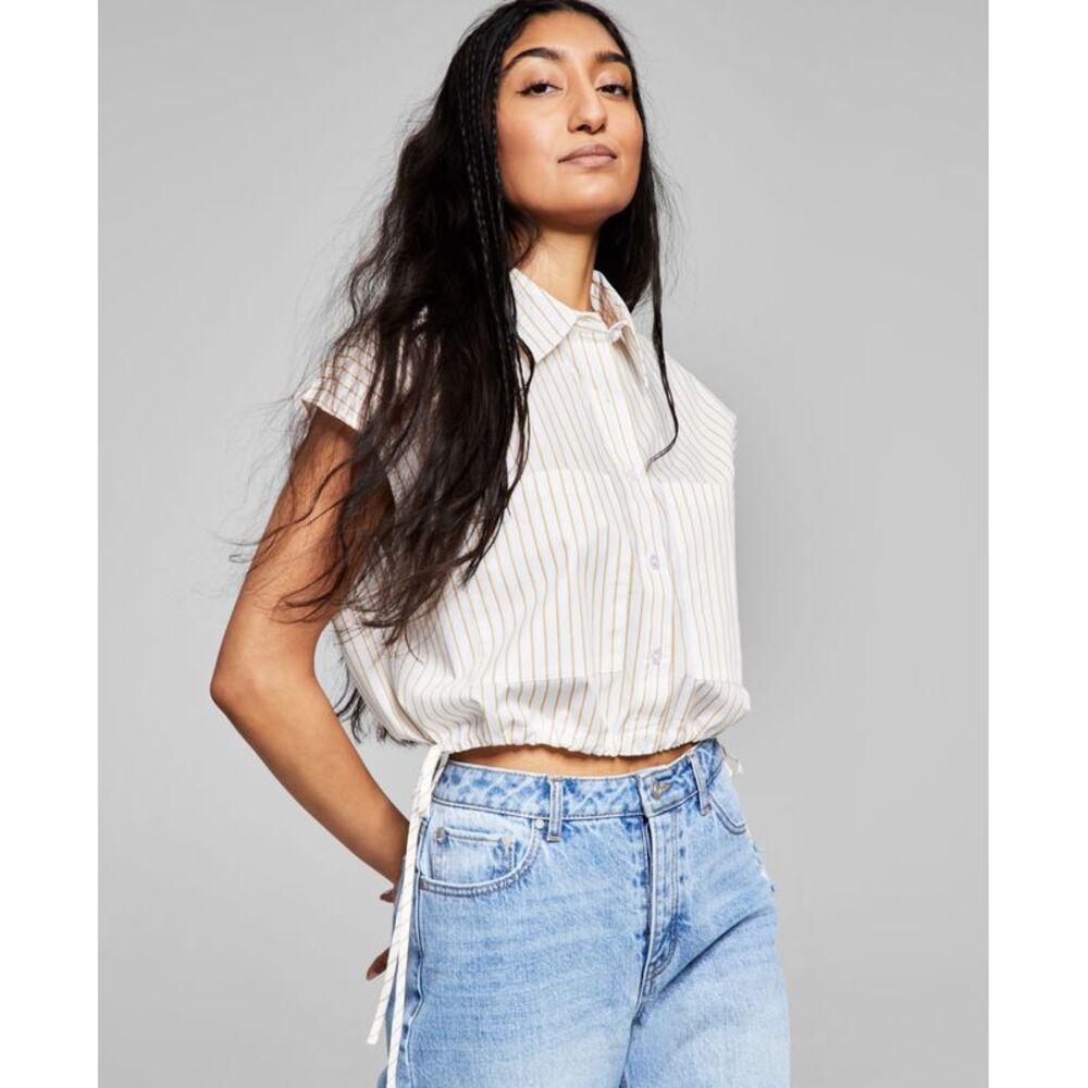 And Now This Now This Womens Striped Button Front Cotton Top